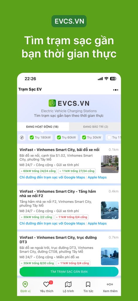 Trạm Sạc EV - Users can quickly view a list of nearby charging stations and their critical details, including charger types and current availability.