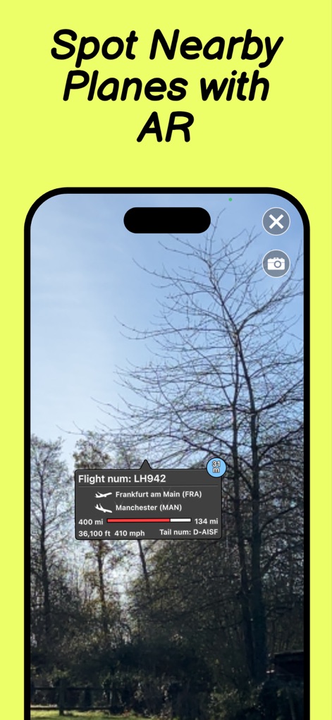 Flight Radar, Plane Tracker 24 - Durch die Augmented-Reality-Funktion können Nutzer Flugzeuge am Himmel identifizieren und erhalten sofort wichtige Daten wie Flugnummer und genaue Flughöhe.