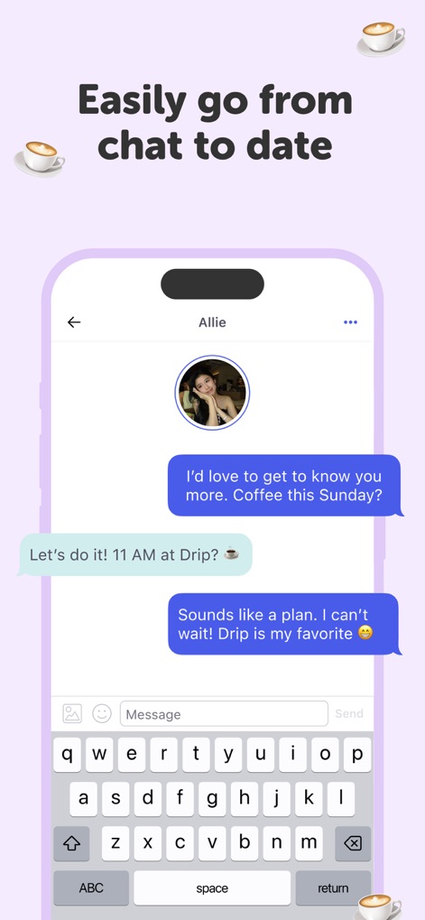 Coffee Meets Bagel: Dating App - The intuitive chat interface facilitates smooth communication with example messages like "Coffee this Sunday?", aiming to transition users from in-app interactions to real-life meetings.