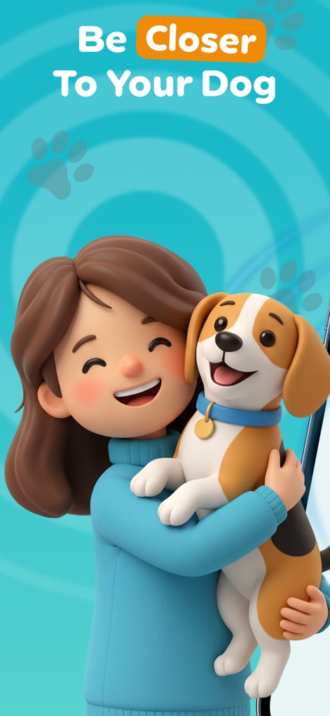 Dog Translator, Games for Dogs - Esta captura muestra una representación visual amigable de un dueño feliz y su perro cariñoso, junto con el motivador mensaje en pantalla 'Be Closer To Your Dog', que invita a los usuarios a fortalecer su relación con su mascota a través de la aplicación.