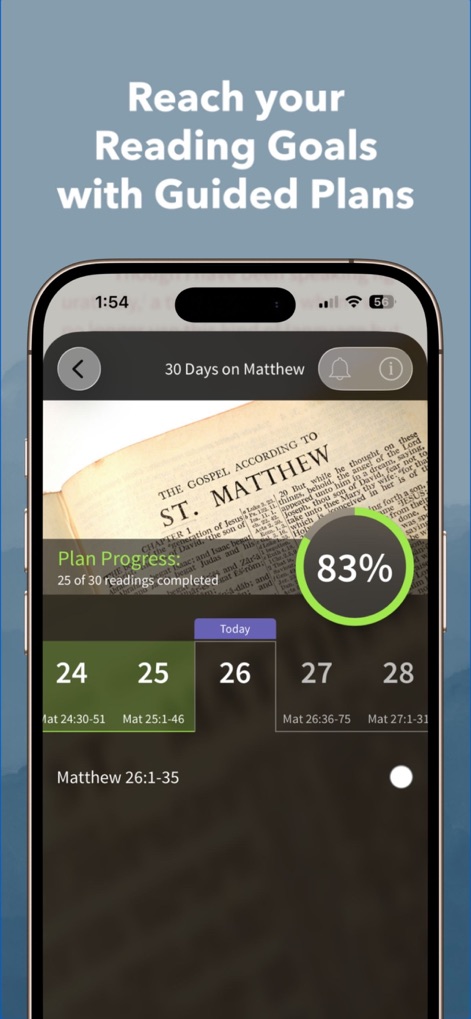 NIV Bible App + - The app helps users achieve their reading goals by tracking plan progress with a percentage indicator and outlining daily readings within structured plans.