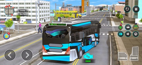 City Bus Simulator Road Trip - L'app evidenzia un bus elegante, caratterizzato da un design dinamico blu e nero (X), mentre percorre una strada urbana vivace (Y), circondato da edifici moderni e pedoni.