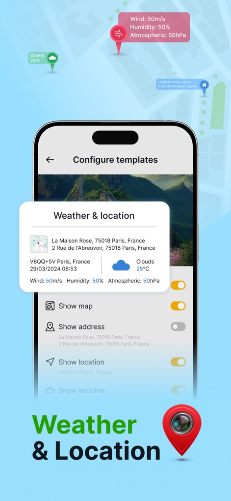 GPS Geotag Photos & Camera Map - Users can personalize their geotagging experience through configurable display options for weather and location, enabling precise control over how detailed location parameters appear on photos.