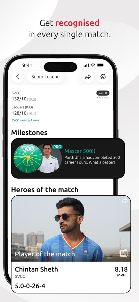 CricHeroes-Cricket Scoring App - Celebrate player achievements with prominent milestone notifications and recognize top performers designated as "Heroes of the match" with MVP statistics.