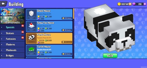 Craft Explore: Block Builder - Discover the "Building" menu, showcasing pre-designed structures like the "Panda House" and "Ghost House", complete with a detailed 3D preview and resource requirements.