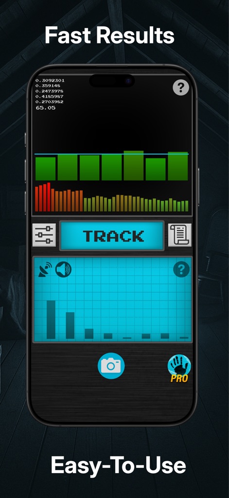 Ghost Hunting Tools - Detector - This tool presents complex data with an easy-to-use interface, featuring clear EMF bar graphs and responsive word displays for straightforward paranormal tracking.