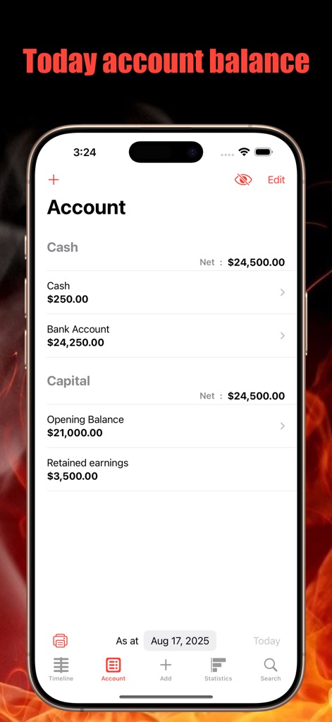 Buckmemo - Os usuários podem acessar facilmente o saldo de suas diversas contas, como 'Cash' e 'Bank Account', e ter uma visão clara do capital total atualizado.