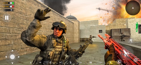 Fps Shooting Games - Gun Fire - Die App präsentiert eine intensive Kampfzone mit einem detailreich gestalteten Soldaten in Militärausrüstung und einer auffälligen roten Sturmgewehr im Vordergrund, die das explosive Geschehen hervorhebt.
