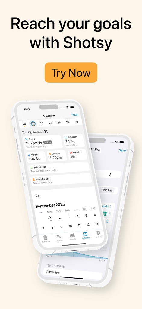 Shotsy GLP-1 Tracker - Os usuários podem planejar suas doses futuras com um calendário integrado e registrar detalhes como peso, calorias e proteínas para cada dia.