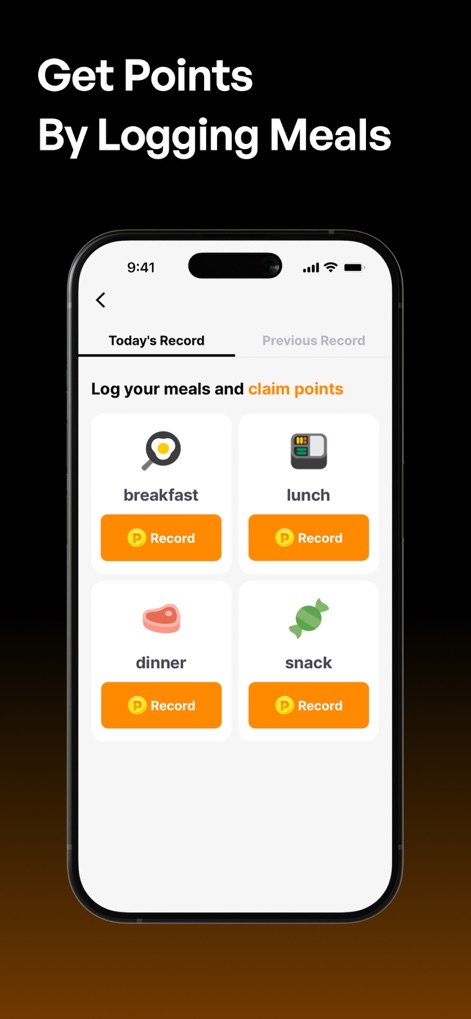 Moneywalk Step Counter&Rewards - The app integrates a 'diet log' feature, allowing users to 'Record' their daily meals for 'breakfast', 'lunch', 'dinner', and 'snack' to earn additional points and track their health.
