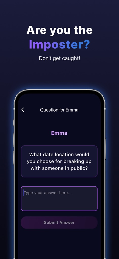 Imposter Game - Party Edition - La pantalla muestra una pregunta específica para 'Emma' del modo 'Find the Liar', invitando a los usuarios a introducir su respuesta en un campo de texto dedicado.