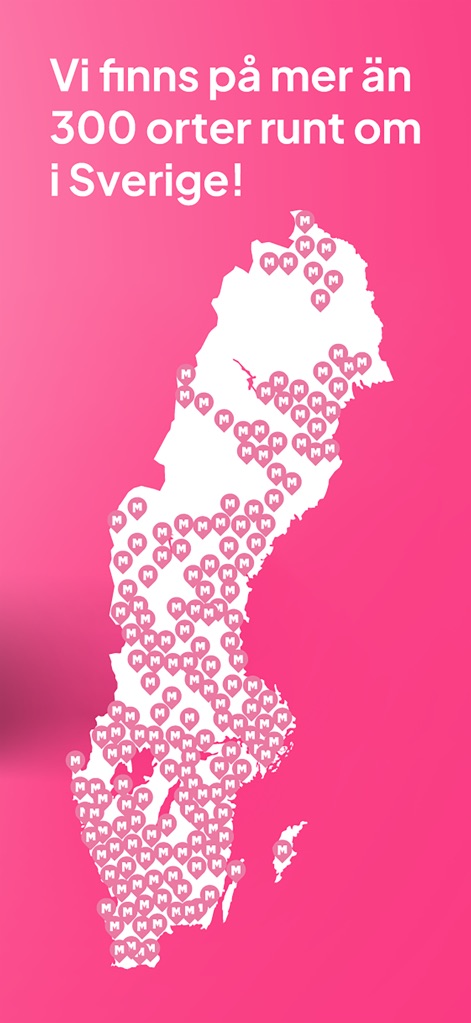 Mobill - Parking & Charging - Die weitreichende Verfügbarkeit der App in Schweden wird durch die Karte mit zahlreichen Standort-Pins illustriert, und der Text bestätigt die Präsenz in über 300 Orten.