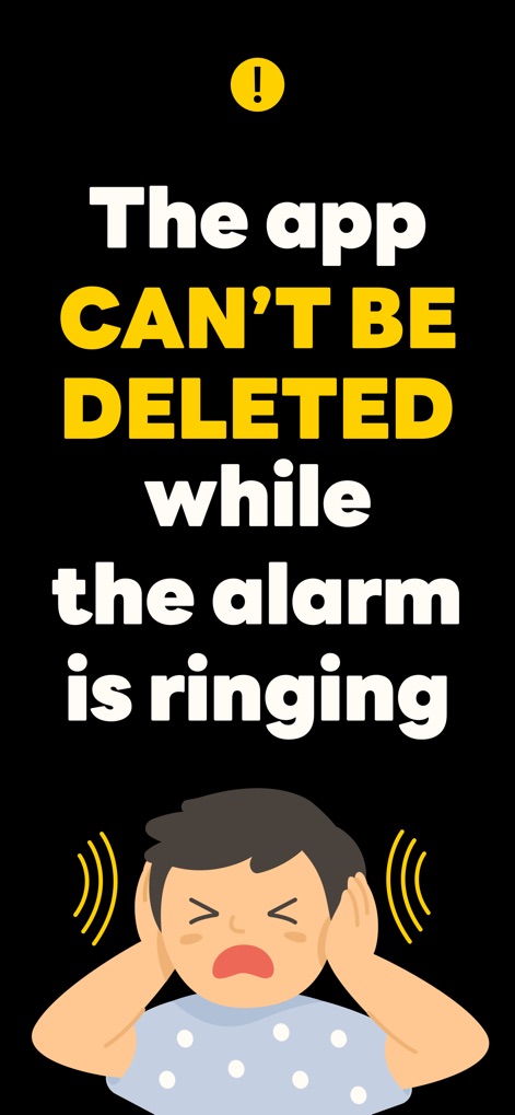 SuperAlarm - Loud Alarm Clock - This screen highlights the app's commitment to ensuring awakening, showcasing the feature that prevents app deletion while an alarm is ringing, reinforcing its effectiveness.