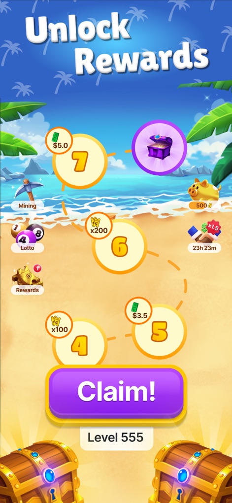 Tropical Crush: Lucky Match - La aplicación ilustra un camino de progresión donde los usuarios desbloquean recompensas como efectivo y tickets al completar niveles, reflejado en el número de nivel y los cofres del tesoro al pie.