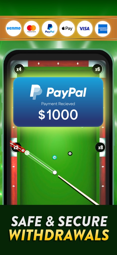 Pool Payday: 8 Ball Pool Game - Highlight the secure withdrawal process, featuring a PayPal payment received confirmation and various trusted payment method logos.