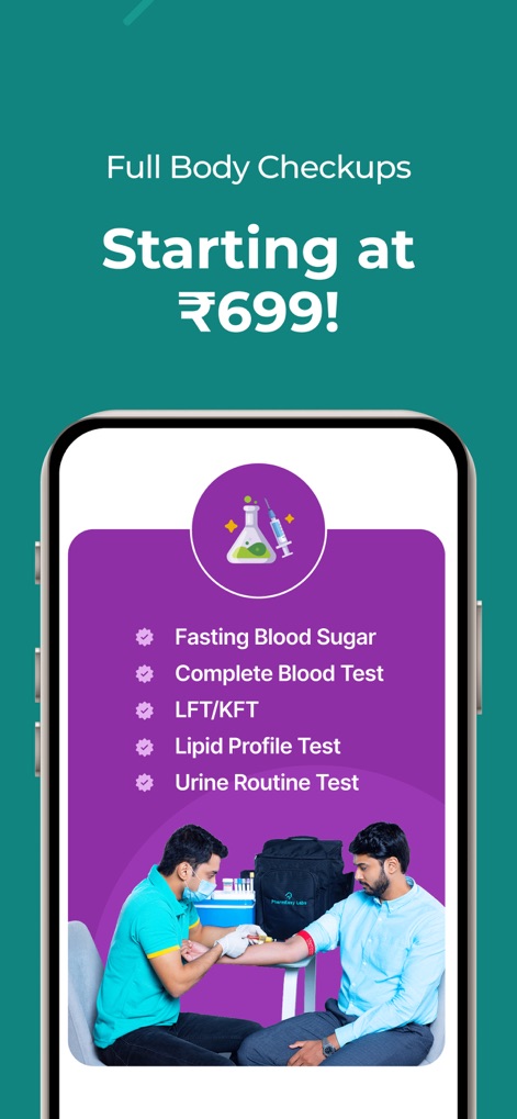 PharmEasy - Healthcare App - This screen illustrates the affordable "Full Body Checkups Starting at ₹699!" and details common tests included, such as "Fasting Blood Sugar" and "Complete Blood Test."