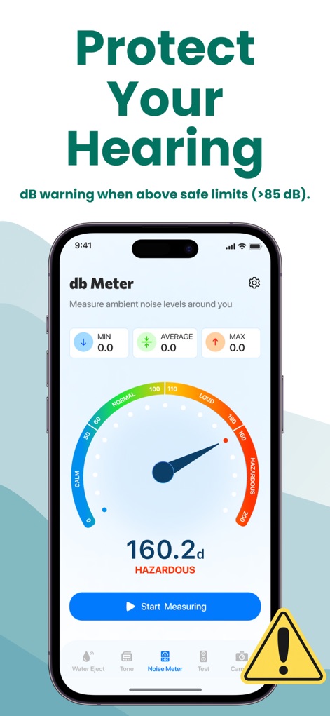Clear Wave - Water Eject App - The app's dB Meter actively helps users 'protect their hearing' by displaying 'hazardous sound levels' (e.g., 160.2d) with an explicit warning.