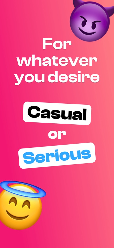 DOWN: The Casual Dating App - O design claro do aplicativo permite aos usuários expressar abertamente suas intenções, com botões para "Casual" ou "Serious", e é complementado pelos emojis de anjo e demônio para contextualizar o tom.
