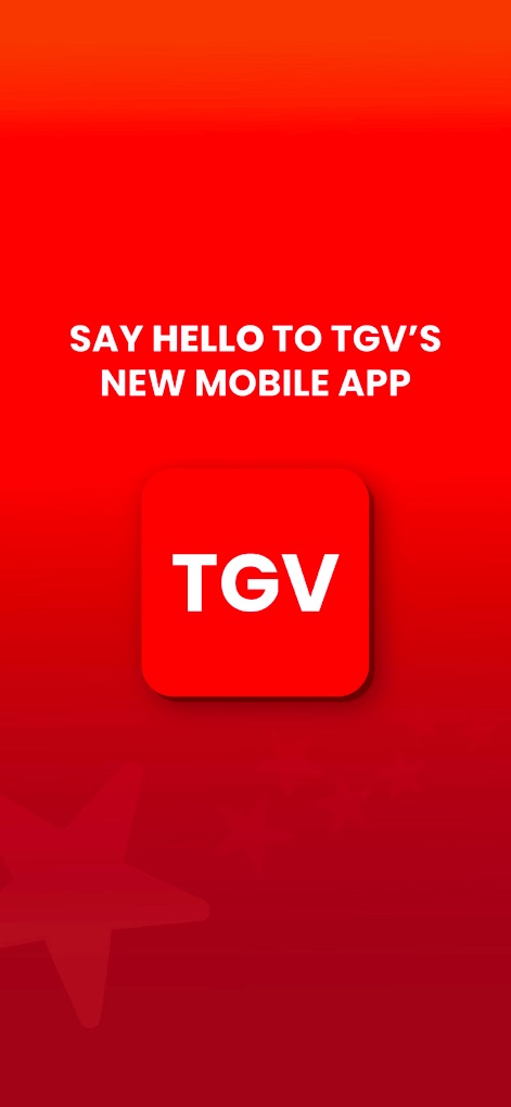 TGV - Discover the brand-new TGV app, prominently featuring its distinctive logo and a welcoming introductory message for users.