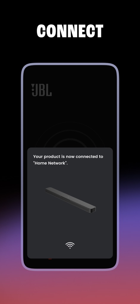 JBL One - Users can effortlessly connect devices, confirmed by the clear 'Home Network' message and the intuitive Wi-Fi icon, ensuring a quick start.