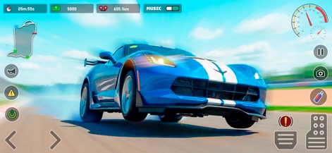 TurboX: Moto & Car Racing Game - La aplicación exhibe un coche deportivo azul ejecutando un derrape controlado en el asfalto, con el humo de los neumáticos visible y los controles virtuales para la interacción del jugador.