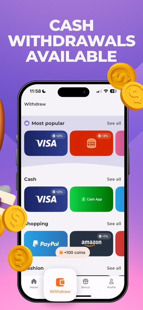 Scrambly: Earn Money Walking App Store screenshot 2, headline “CASH WITHDRAWALS AVAILABLE”. Phone drawn.