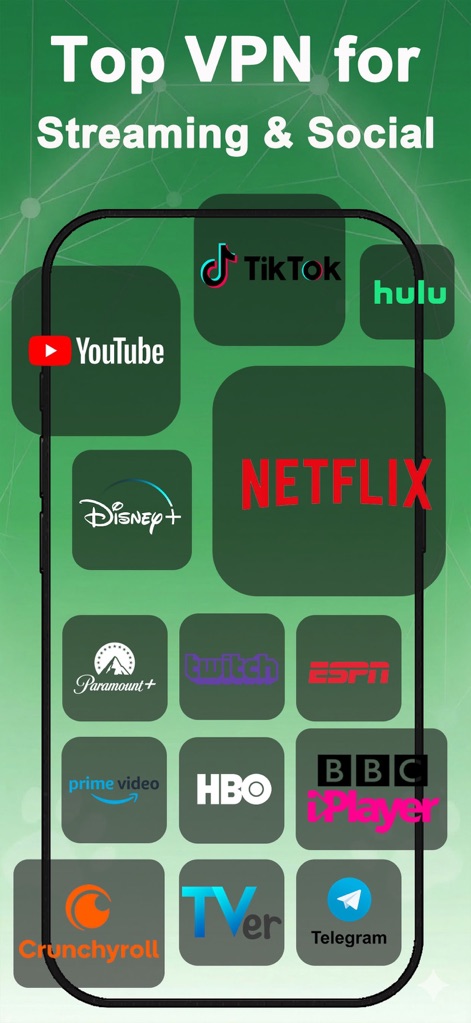 Panda VPN: Stream & Game Fast - Esta tela ilustra a compatibilidade com plataformas populares como Netflix e YouTube, evidenciando o acesso irrestrito a diversos serviços de streaming e redes sociais.