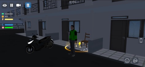 Ojol The Game - O aplicativo mostra o motorista em frente a um prédio de apartamentos, com sua motocicleta preta ao lado, indicando um estado de prontidão com o efeito de carregamento.