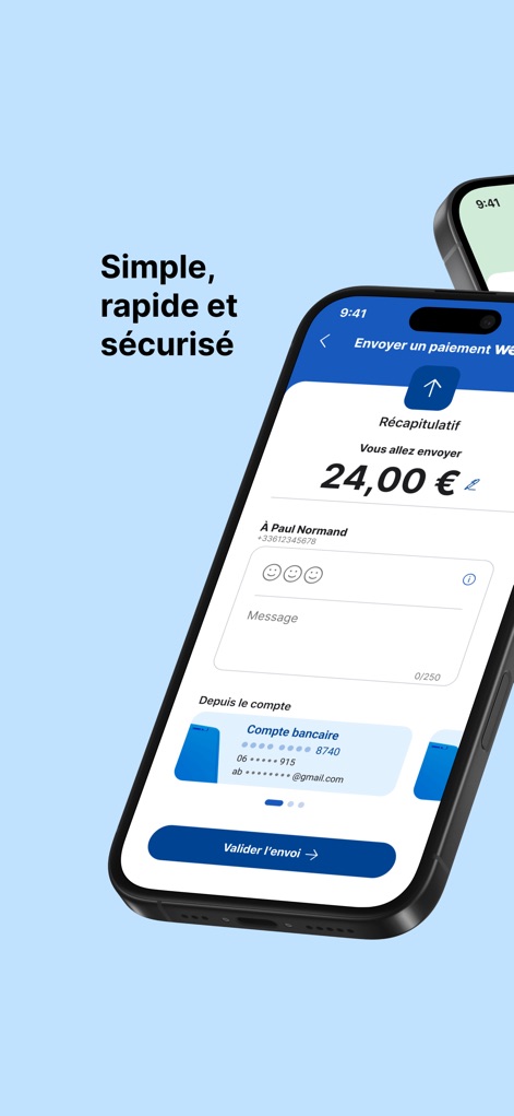 Crédit Mutuel Pay virements - Review the payment summary screen, detailing the transaction amount and the linked bank account before confirmation.