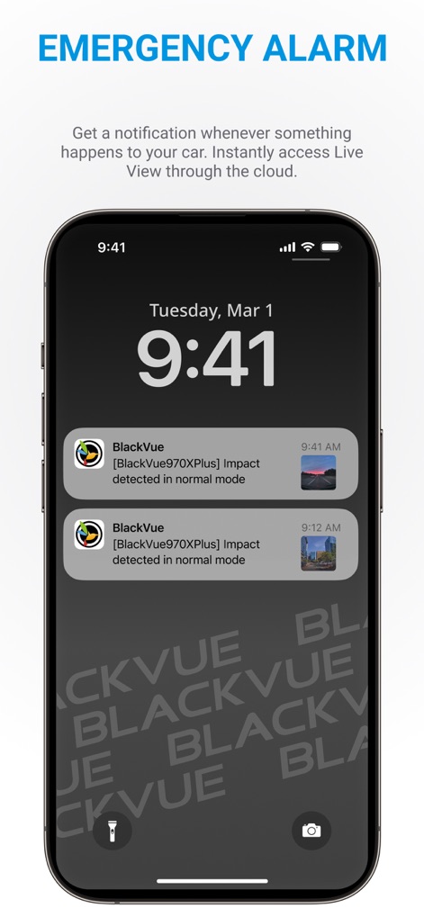 BlackVue - Receive critical "Emergency Alarms" directly on your device, showing "Impact detected" notifications with precise timestamps for immediate awareness.