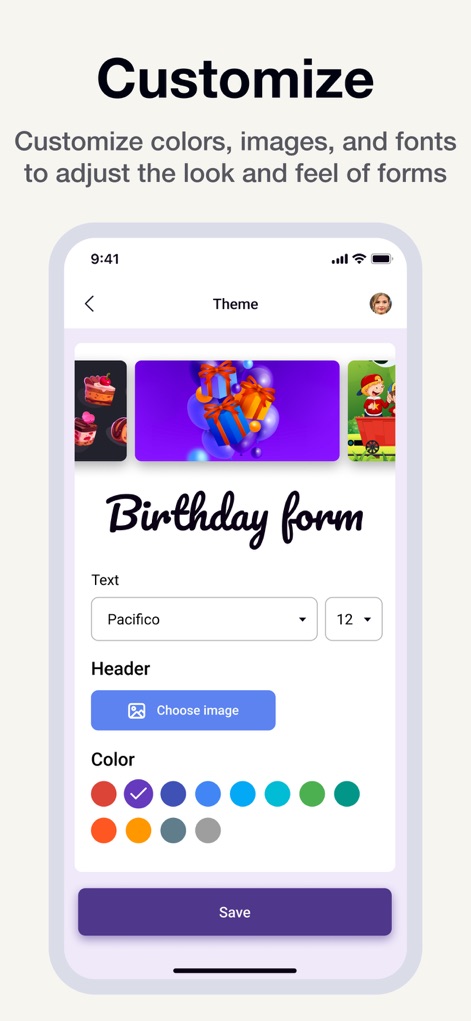 Forms for Google Fоrms - Esta sección permite a los usuarios personalizar la estética de sus formularios, ofreciendo la selección de imágenes de encabezado y una paleta de colores vibrantes para adaptar la apariencia.