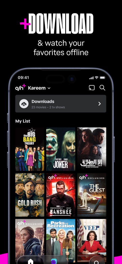 OSN+ - Understand the convenience of offline viewing through the dedicated 'Downloads' section, where users can manage their saved content like 'The Big Bang Theory' and 'Joker'.