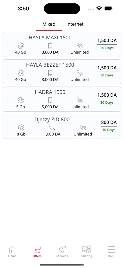 Djezzy - Discover available mobile offers, showcasing detailed data allowances and unlimited call benefits designed to meet diverse user communication needs.
