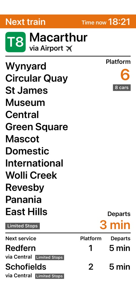 TripView Lite - The app provides immediate departure information for services like the 'T8 Macarthur' train, including a clear '3 min' countdown to departure and platform details.