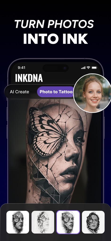AI Tattoo Generator - INKDNA - Mit dieser Funktion können Nutzer persönliche Fotos in einzigartige Tattoo-Designs umwandeln, wie das Beispiel eines Gesichts mit einem filigranen Schmetterling zeigt, und verschiedene Stile erkunden.