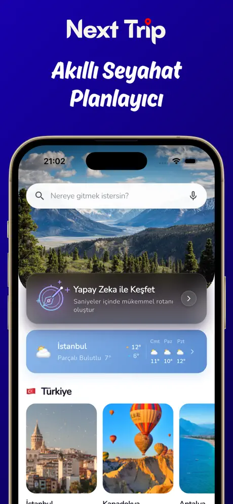 Next Trip ana ekran ve AI seyahat planlama tanıtımı