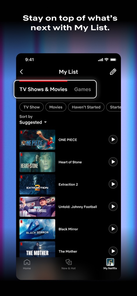 Netflix - Users can organize their preferred content in "My List", easily filtering between "TV Shows & Movies" and "Games" for a streamlined viewing experience.