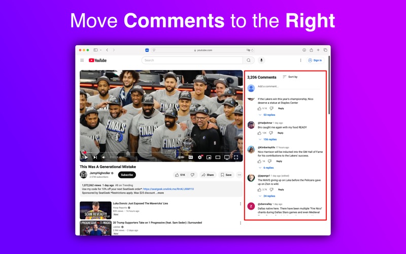 Comments to Right for YouTube app screenshot