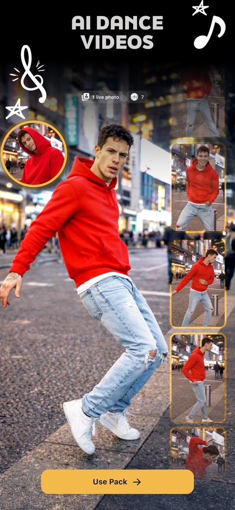 Pose: AI Photo Video Generator - Die App verwandelt statische Fotos in dynamische Tanzsequenzen und zeigt einen Mann in rotem Hoodie auf der Straße in verschiedenen Posen.