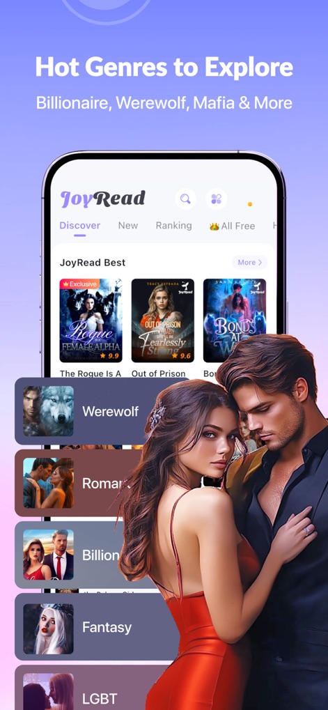 JoyRead-Enjoy Novels & Shorts - Navigate the 'Hot Genres to Explore' section, revealing popular categories like Werewolf and Romance, and utilize the 'Discover' tab for seamless content browsing.