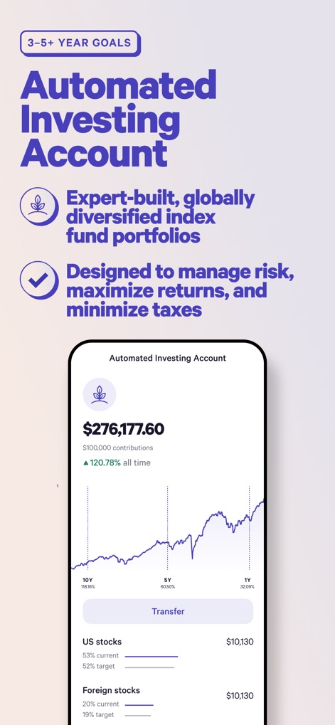 Wealthfront: Save and Invest - 自動投資アカウントは、専門家が構築した世界的に分散されたインデックスファンドポートフォリオを提供し、過去のパフォーマンスを示す成長チャートと資産配分の内訳を視覚的に確認できます。