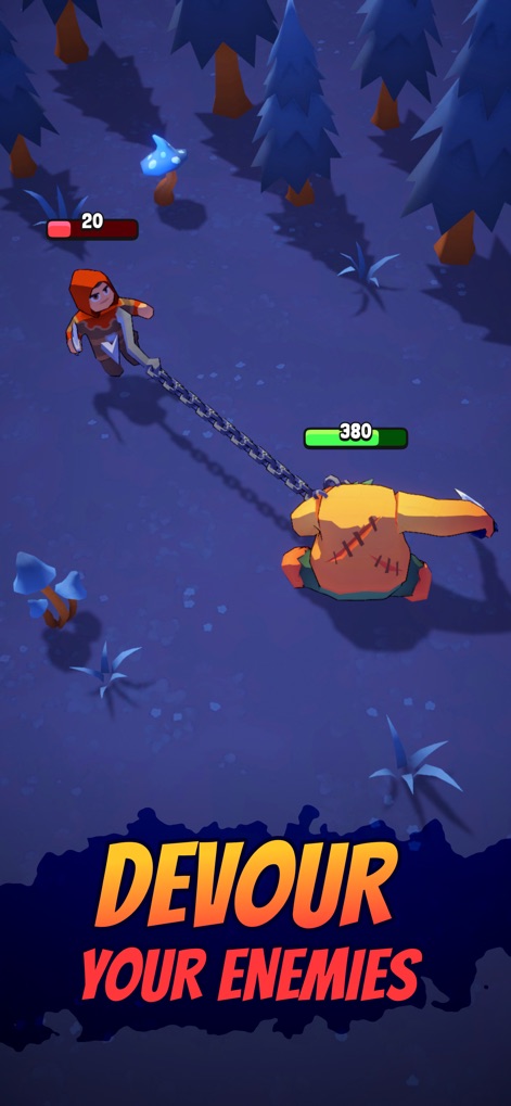 Butcher hero: hook'n'chew RPG - This screenshot highlights the app's unique 'hook' mechanic, allowing the main character to snare enemies, and the prominent 'DEVOUR YOUR ENEMIES' call to action reinforcing the core gameplay.