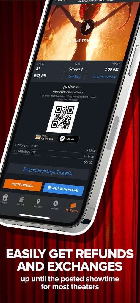 Fandango - Get Movie Tickets - The app features mobile tickets with scannable QR codes and offers self-service options for easy refunds or exchanges.