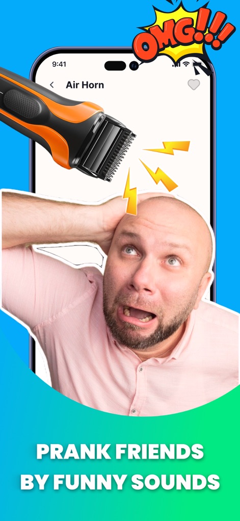 OMG Prank App Prank Sounds - Witness the immediate impact of sound pranks, exemplified by the 'Air Horn' effect causing a visible reaction and the floating 'Hair Clipper' icon suggesting auditory deception.