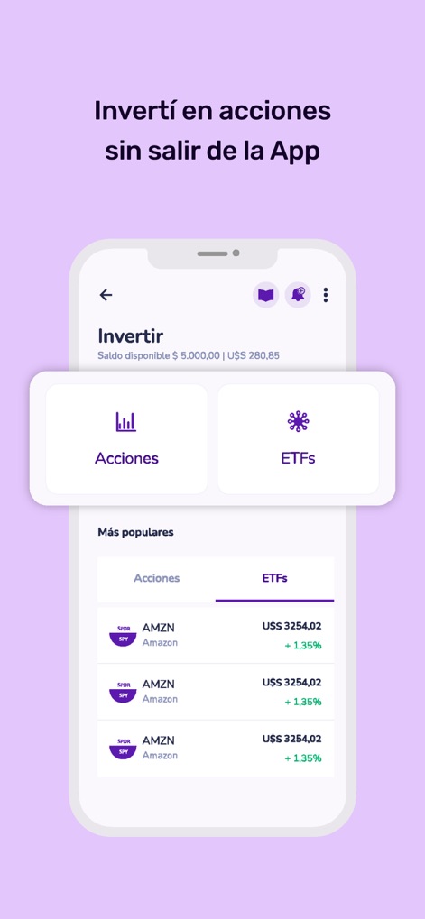 Prex Uruguay - L'app offre agli utenti la possibilità di gestire investimenti direttamente dalla piattaforma, con opzioni chiare per 'Acciones' (azioni) e 'ETFs', visualizzando contemporaneamente i dati di mercato come il valore attuale e la variazione percentuale.