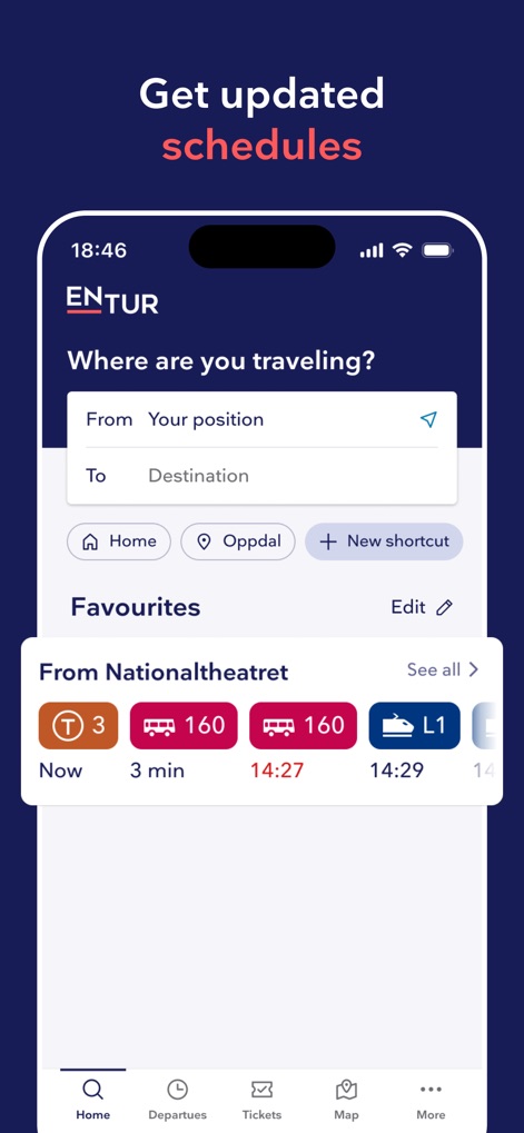 Entur - Travel and tickets - The app features a streamlined location-based search input and a dynamic 'Favourites' section showcasing real-time departure information for preferred routes.
