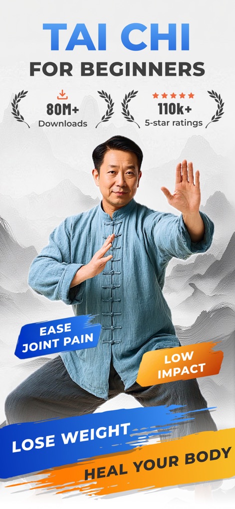 Tai Chi for Beginners Seniors - La interfaz principal destaca sus impresionantes 80M+ de descargas y 110k+ valoraciones de 5 estrellas, junto con beneficios clave como el alivio del dolor articular y el bajo impacto.