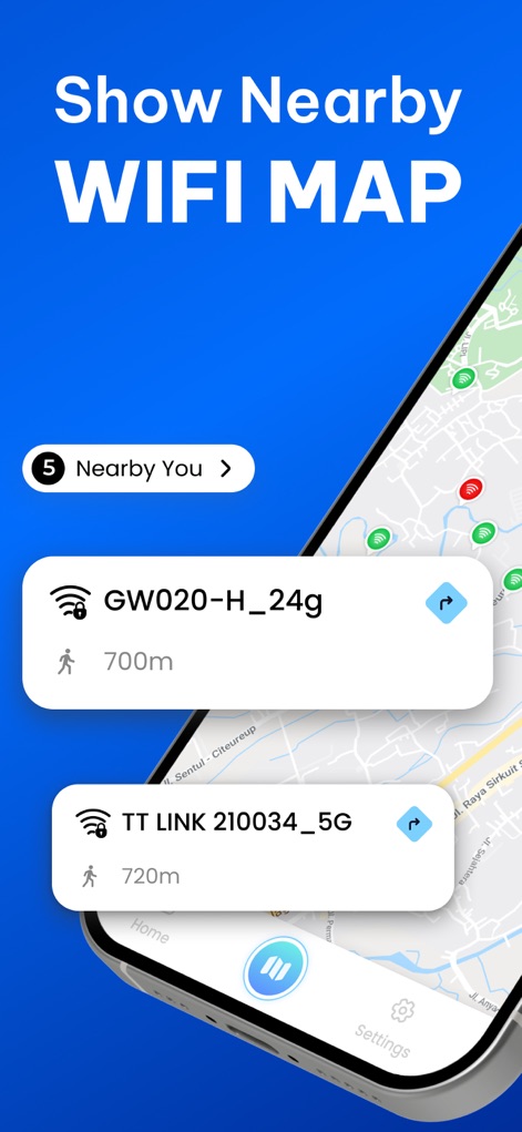 WiFinder: Wifi Location Map - See how the app's interactive map interface pinpoints available Wi-Fi, along with detailed network cards showing connection names and distances.