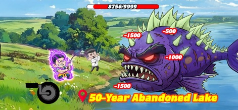 Fishing Mega Battle - La herramienta presenta desafiantes jefes como el enorme pez púrpura espinoso, prometiendo batallas épicas en ubicaciones exóticas y misteriosas como el "50-Year Abandoned Lake".