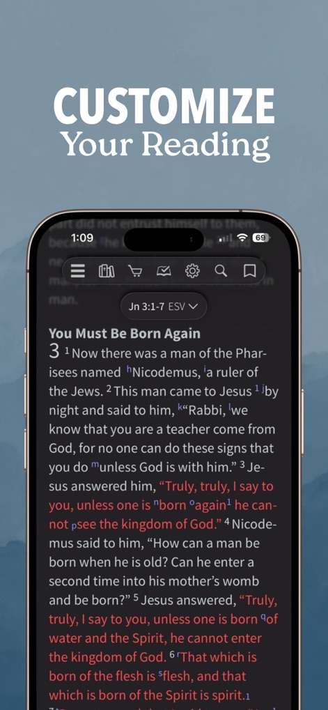 Bible App - Read & Study Daily - The app allows for a personalized reading experience through customizable text highlighting and the display of various scriptural cross-references and footnotes.
